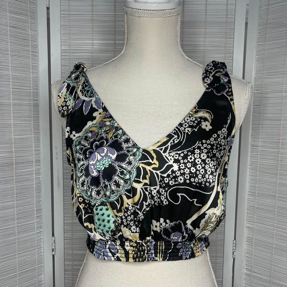 Free People Cami Weekend in Montauk Black Floral Smocked Tie Straps Size XS
